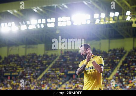 Jose Luis Morales (Villarreal CF, #15) reagiert während des LaLiga-Spiels zwischen Villarreal und Girona im Ceramica-Stadion am 27. September 2023 in Villarreal, S Stockfoto