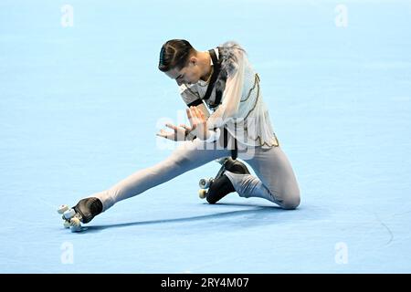 Kolumbien. 27. September 2023 Ferran CLAVERO (ESP), während des Junior Men, Long Program, bei den Artistic Skating World Championships Ibagu-Tolima 2023, im Parque Deportivo Municipal, am 27. September 2023 in Ibagu, Kolumbien. Quelle: Raniero Corbelletti/AFLO/Alamy Live News Stockfoto