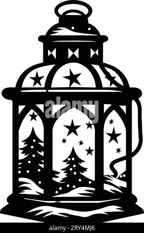 Weihnachtslaterne mit Kerze, schwarzer Schablone. Stock Vektor