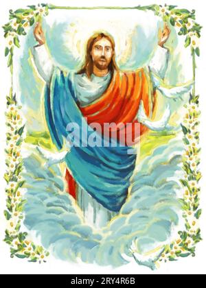 jesus Messias und Auferstehung mit Natur Hintergrund Illustration für Kinder beruhigen Stockfoto