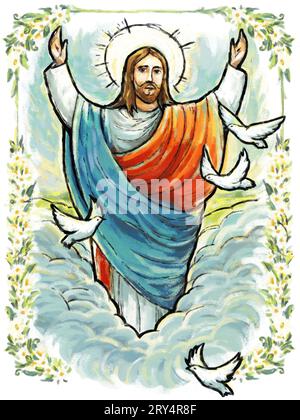 jesus Messias und Auferstehung mit Natur Hintergrund Illustration für Kinder beruhigen Stockfoto