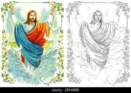 jesus Messias und Auferstehung mit Natur Hintergrund Illustration für Kinder beruhigen Stockfoto