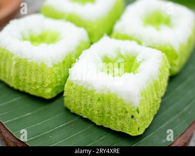 Putri Ayu ist ein süßer grüner Kuchen mit geriebener Kokosnuss, ein beliebtes indonesisches traditionelles Essen Stockfoto