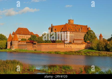 Malbork Castle (Burg des Deutschen Ordens in Malbork) von über dem Fluss Nogat an einem ruhigen sonnigen Herbstnachmittag im Jahr 2012. Malbork, Polen. Stockfoto