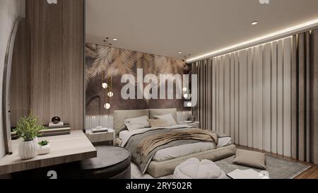 Modernes, luxuriöses kleines Schlafzimmer mit 3D-Darstellung Stockfoto