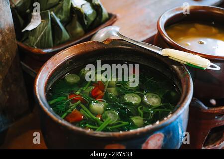 Sayur Bayam Bening auf dem Tontopf. Traditionelle indonesische Suppe. Spinat Klares Gemüse. Stockfoto