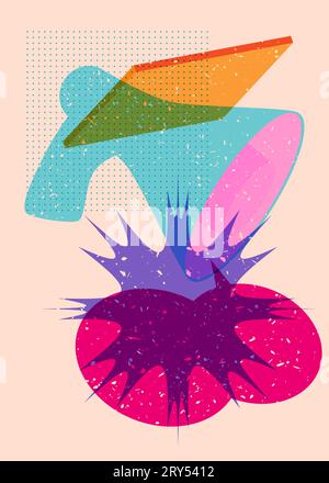 Risograph Megaphon und Sprechblase mit geometrischen Formen. Objekt in trendigem Riso-Diagrammdesign mit Geometrieelementen. Stock Vektor