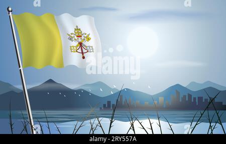 Flagge der Vatikanstadt mit sonnigem Hintergrund aus Bergen und Seen Stock Vektor