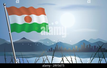Niger-Flagge mit Sonnenhintergrund von Bergen und Seen Stock Vektor