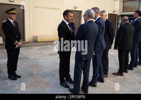 Bastia, Frankreich. September 2023 28. Der französische Präsident Emmanuel Macron feierte am 28. September 2023 im Rahmen seiner dreitägigen Reise nach Korsika den 80. Jahrestag der Befreiung Korsikas in Bastia. Foto: Raphael Lafargue/ABACAPRESS.COM Credit: Abaca Press/Alamy Live News Stockfoto