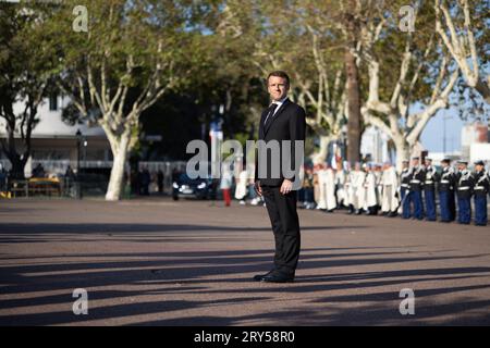 Bastia, Frankreich. September 2023 28. Der französische Präsident Emmanuel Macron feierte am 28. September 2023 im Rahmen seiner dreitägigen Reise nach Korsika den 80. Jahrestag der Befreiung Korsikas in Bastia. Foto: Raphael Lafargue/ABACAPRESS.COM Credit: Abaca Press/Alamy Live News Stockfoto