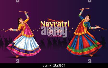 Garba Night Poster für Navratri Dussehra Festival von Indien. vektor-Illustration Design von Menschen spielen Dandiya Tanz. Stock Vektor