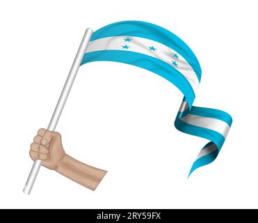 3D illustration. Hand holding flag of Honduras on a fabric ribbon background. It is a flag that was introduced in 2022. Stock Photo