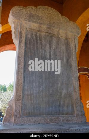 Vietnam: Tu Ducs selbstverfasstes Epitaph im Stele-Pavillon am Grab von Kaiser Tu Duc, Hue. Kaiser Tự Đức (22. September 1829 – 17. Juli 1883) (vollständiger Name: Nguyễn Phúc Hồng Nhậm, auch Nguyen Phuc Thi) war der vierte Kaiser der Nguyễn-Dynastie von Vietnam und regierte von 1847 bis 1883. Der Sohn des Kaisers Thiệu Trị, Prinz Nguyễn Phúc Hồng Nhậm, folgte seinem Vater auf dem Thron, mit dem Titel Tự Đức, aber familiäre Probleme führten zu einem gewaltsamen Beginn seiner Ära. Thiệu Trị hatte seinen gemäßigteren ältesten Sohn Hồng Bảo überwunden, um Tự Đức den Thron zu geben. Stockfoto