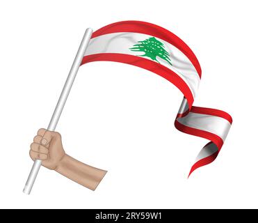 3D illustration. Hand holding flag of Lebanon on a fabric ribbon background. Stockfoto