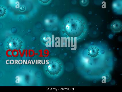 Dunkelblauer abstrakter Bokeh-Hintergrund mit COVID-19-Bakterienzellen. Vektordesign Stock Vektor