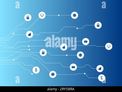 Symbole für soziale Kommunikation und hellblauer Hintergrund auf der Leiterplatte. Webdesign mit Vektortechnologie Stock Vektor