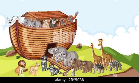 Illustration der biblischen Geschichte der Arche Noah mit zahlreichen Tieren auf einem Holzboot Stock Vektor