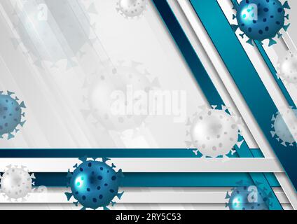 Blauer und grauer geometrischer Hintergrund mit COVID-19-Bakterien. Abstraktes Coronavirus-Vektordesign Stock Vektor