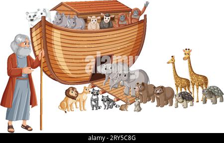 Arche Noah: Illustration von Tieren, die vor der Flut in das Boot einsteigen Stock Vektor