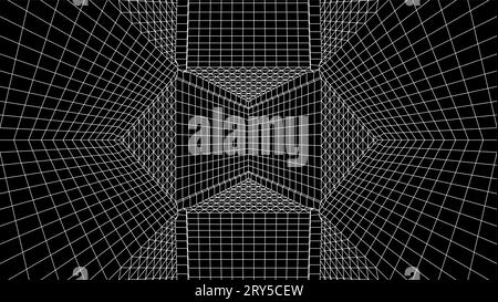 Geometrischer Gitterhintergrund mit 80er-Jahre-Mesh. Abstrakter Cyberpunk-Hintergrund mit Retro-Computerraster. Stock Vektor