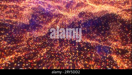 Gelbe orangefarbene Wellen von Energiepartikeln magisch leuchtende futuristische High-Tech-Lichtpunkte abstrakter Hintergrund. Stockfoto