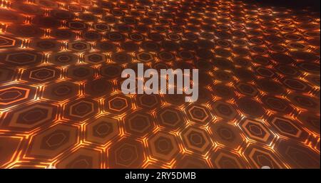 Abstraktes gelb-oranges Hintergrundmuster von Hexagonen, die futuristische digitale Energie magisch hell leuchten. Stockfoto
