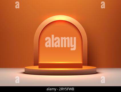 Präsentieren Sie Ihre Produkte stilvoll mit diesem realistischen, orangefarbenen 3D-Podium-Modell mit abgerundetem Hintergrund. Perfekt für Halloween-Produkte Stock Vektor