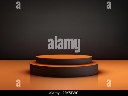Präsentieren Sie Ihre Produkte stilvoll mit diesem realistischen 3D-Podium-Modell auf schwarzem Hintergrund. Perfekt für Halloween- Stock Vektor