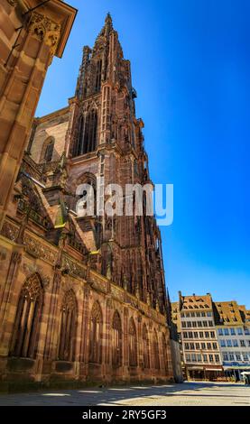 Fassade und Turm der Kathedrale Notre Dame und kunstvolle traditionelle Fachwerkhäuser mit steilen Dächern umgeben sie in Straßburg, Elsass, Frankreich Stockfoto