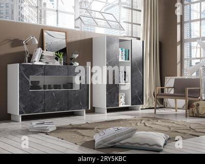 Modernes Wohnzimmer mit Designermöbeln im Interieur. Minimalismus. Vintage. Modern. Teppich. Lampe. Stühle. Tabellen. tv. Familie. Stockfoto