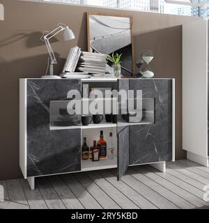 Modernes Wohnzimmer mit Designermöbeln im Interieur. Minimalismus. Vintage. Modern. Teppich. Lampe. Stühle. Tabellen. tv. Familie. Stockfoto