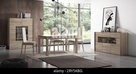 Modernes Wohnzimmer mit Designermöbeln im Interieur. Minimalismus. Vintage. Modern. Teppich. Lampe. Stühle. Tabellen. tv. Familie. Stockfoto