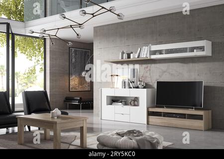 Modernes Wohnzimmer mit Designermöbeln im Interieur. Minimalismus. Vintage. Modern. Teppich. Lampe. Stühle. Tabellen. tv. Familie. Stockfoto