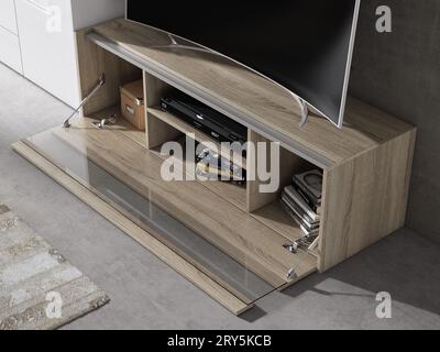 Modernes Wohnzimmer mit Designermöbeln im Interieur. Minimalismus. Vintage. Modern. Teppich. Lampe. Stühle. Tabellen. tv. Familie. Stockfoto