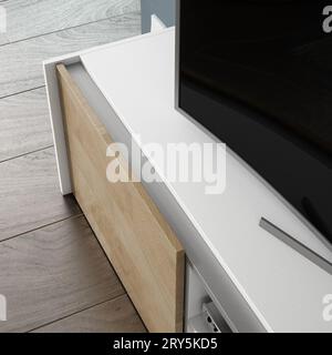 Modernes Wohnzimmer mit Designermöbeln im Interieur. Minimalismus. Vintage. Modern. Teppich. Lampe. Stühle. Tabellen. tv. Familie. Stockfoto