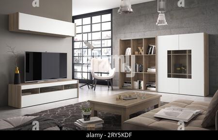 Modernes Wohnzimmer mit Designermöbeln im Interieur. Minimalismus. Vintage. Modern. Teppich. Lampe. Stühle. Tabellen. tv. Familie. Stockfoto