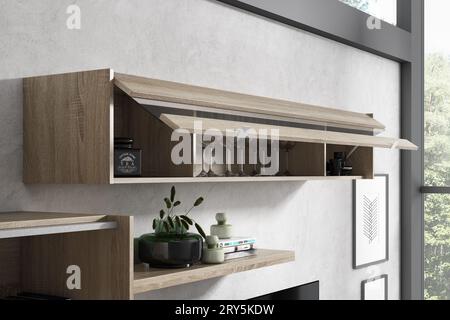 Modernes Wohnzimmer mit Designermöbeln im Interieur. Minimalismus. Vintage. Modern. Teppich. Lampe. Stühle. Tabellen. tv. Familie. Stockfoto