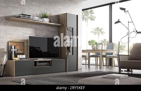 Modernes Wohnzimmer mit Designermöbeln im Interieur. Minimalismus. Vintage. Modern. Teppich. Lampe. Stühle. Tabellen. tv. Familie. Stockfoto