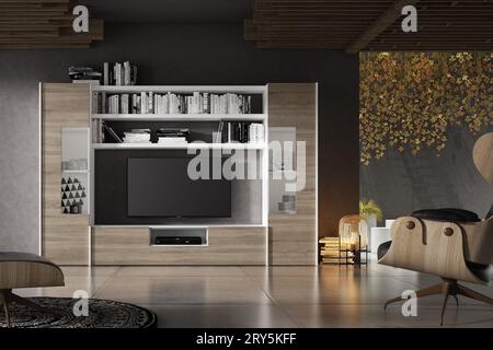 Modernes Wohnzimmer mit Designermöbeln im Interieur. Minimalismus. Vintage. Modern. Teppich. Lampe. Stühle. Tabellen. tv. Familie. Stockfoto