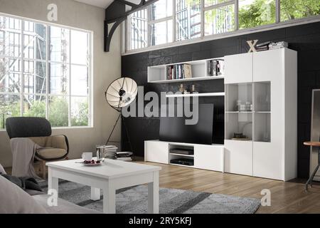 Modernes Wohnzimmer mit Designermöbeln im Interieur. Minimalismus. Vintage. Modern. Teppich. Lampe. Stühle. Tabellen. tv. Familie. Stockfoto