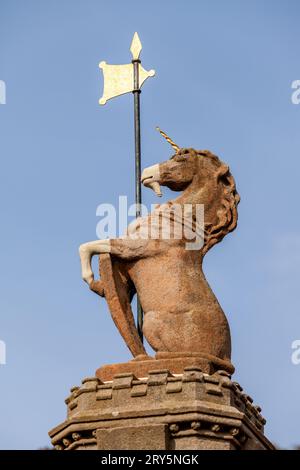 Ein Detail des Unicorn auf dem Crail Market Cross Stockfoto