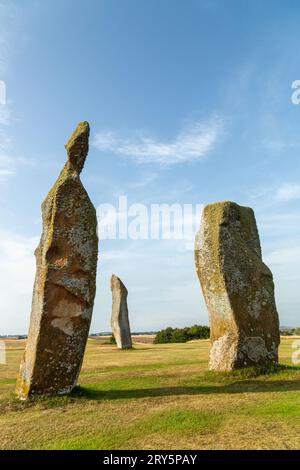 Die beeindruckenden Steine von Lundin Links, die in der Mitte eines Golfplatzes, Fife Scotland, stehen. Stockfoto