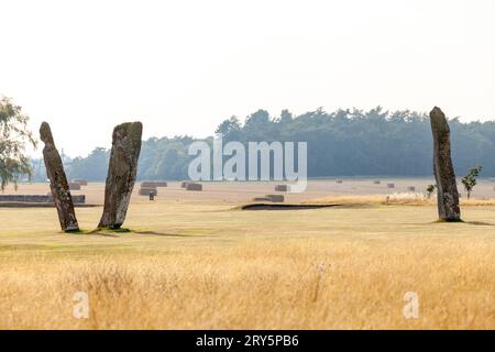 Die beeindruckenden Steine von Lundin Links, die in der Mitte eines Golfplatzes, Fife Scotland, stehen. Stockfoto