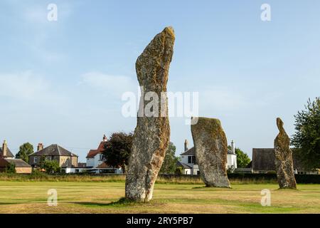 Die beeindruckenden Steine von Lundin Links, die in der Mitte eines Golfplatzes, Fife Scotland, stehen. Stockfoto