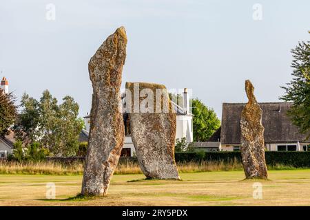 Die beeindruckenden Steine von Lundin Links, die in der Mitte eines Golfplatzes, Fife Scotland, stehen. Stockfoto