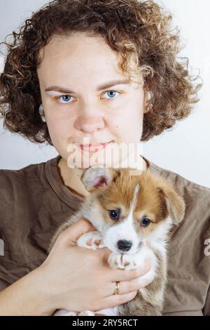 Porträt einer jungen, lächelnden, blauäugigen Frau mit lockigem, dunklem Haar in Jeans, braunem T-Shirt und erstaunlichem kleinen braunen weißen welpen des Hundes welsh Pem Stockfoto