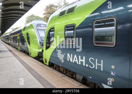 DEU, Deutschland, Hamburg, 25.09.2023: Bahnhof Hamburg Dammtor. RegionalExpress Zug der Deutschen Bahn, DB Regio Nord, RE70 Hamburg - Flensburg. Eingesetzt wird ein Triebwagen der Baureihe 445 Bombardier Twindexx Vario *** DEU, Deutschland, Hamburg, 25 09 2023 Bahnhof Hamburg Dammtor Regionalexpress der Deutschen Bahn, DB Regio Nord, RE70 Hamburg Flensburg verwendet ist ein Triebwagen der Baureihe 445 Bombardier Twindexx Vario Credit: Imago/Alamy Live News Stockfoto