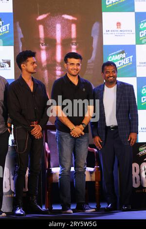 Nicht exklusiv: 28. September 2023, Kolkata City, Indien: (L-R) Bollywood-Schauspieler Madhur Mitta, Indiens ehemaliger Cricket-Kapitän Sourav Ganguly und Sri Lanka Stockfoto