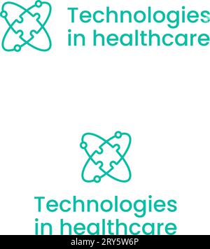 Technologien im Gesundheitswesen Text mit Atom und Puzzle-Logo Stock Vektor